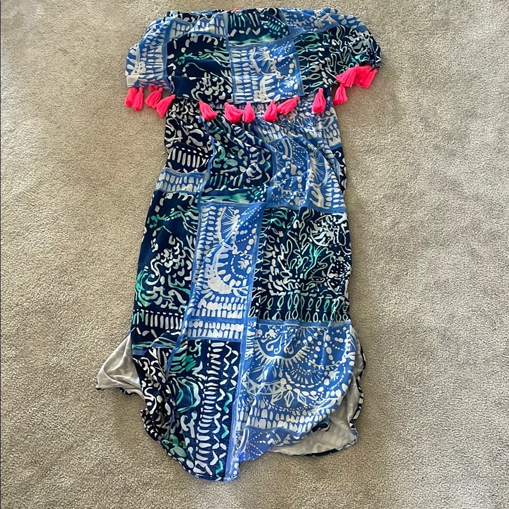 Lilly Pulitzer Strapless Blue and Teal Patterned Dress with Pink Tassels Size M